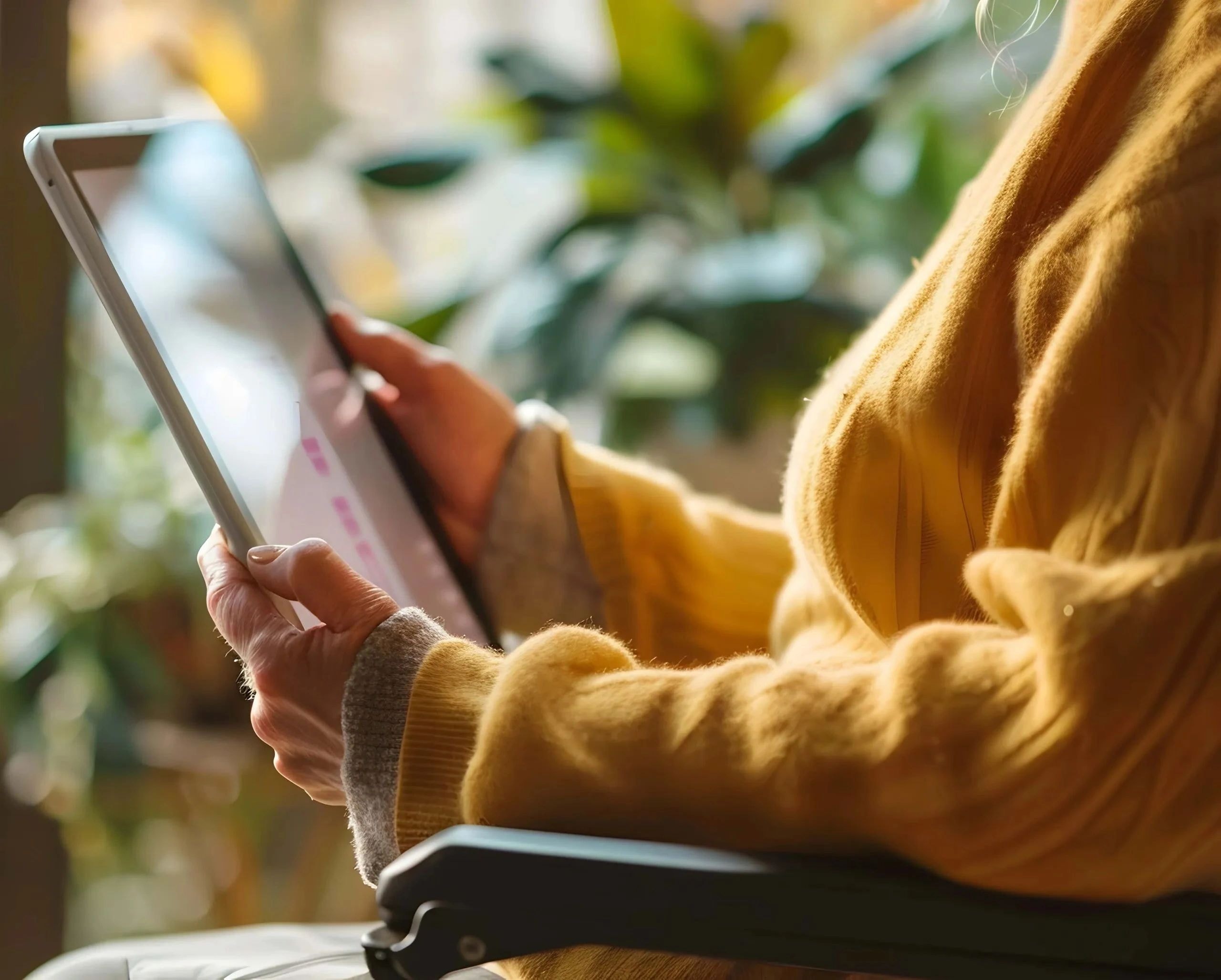 Person in yellow sweater using a tablet indoors