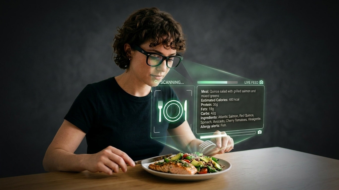 Person wearing Meta smart glasses scanning a meal for nutritional information